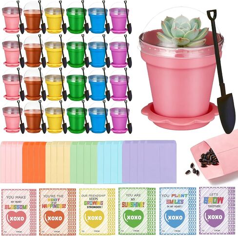 24 Set Valentines Day Cards for Kids Classroom,Nursery Pots with Humidity Dome Shovel and Seed Packet,Small Plastic Plant Pots Valentines Party Favors for Classroom Exchange (Not Included Seeds) in Saudi Arabia