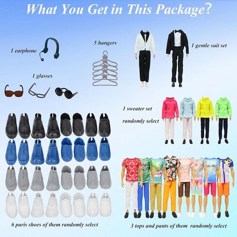 Boy Doll Clothes for 11.5 inch Doll, Doll Clothes Including 1 Suit Set, 1 Sweater Pant Set 3 Tops 3 Pants, 6 Pair Shoes 5 Hangers 1 Earphone 1 Glasses for Kids Boys Girls Party Play(Random Style) in Saudi Arabia