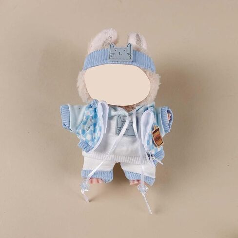 Compatible with Labubu (NO Doll) - Light Blue Layered Set (Cat-Embroidered Headband + Hoodie + Checkered Jacket + Shorts), 15cm/17cm Doll Clothing (Light Blue) in Saudi Arabia