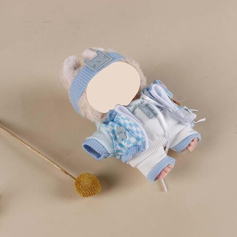 Compatible with Labubu (NO Doll) - Light Blue Layered Set (Cat-Embroidered Headband + Hoodie + Checkered Jacket + Shorts), 15cm/17cm Doll Clothing (Light Blue) in Saudi Arabia