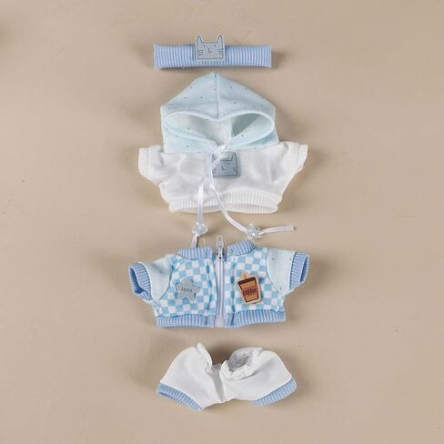 Compatible with Labubu (NO Doll) - Light Blue Layered Set (Cat-Embroidered Headband + Hoodie + Checkered Jacket + Shorts), 15cm/17cm Doll Clothing (Light Blue) in Saudi Arabia
