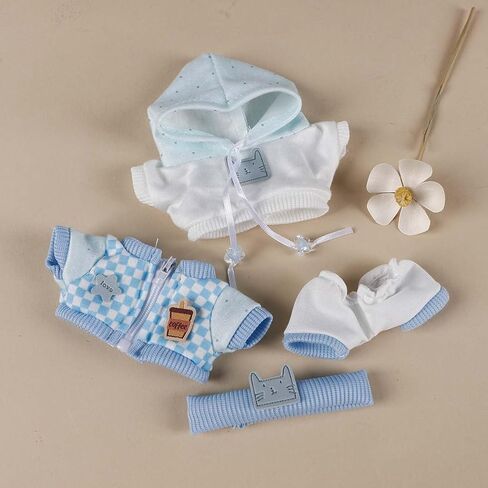 Compatible with Labubu (NO Doll) - Light Blue Layered Set (Cat-Embroidered Headband + Hoodie + Checkered Jacket + Shorts), 15cm/17cm Doll Clothing (Light Blue) in Saudi Arabia