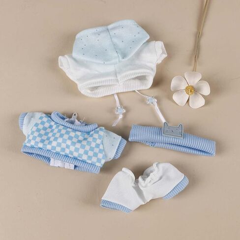 Compatible with Labubu (NO Doll) - Light Blue Layered Set (Cat-Embroidered Headband + Hoodie + Checkered Jacket + Shorts), 15cm/17cm Doll Clothing (Light Blue) in Saudi Arabia