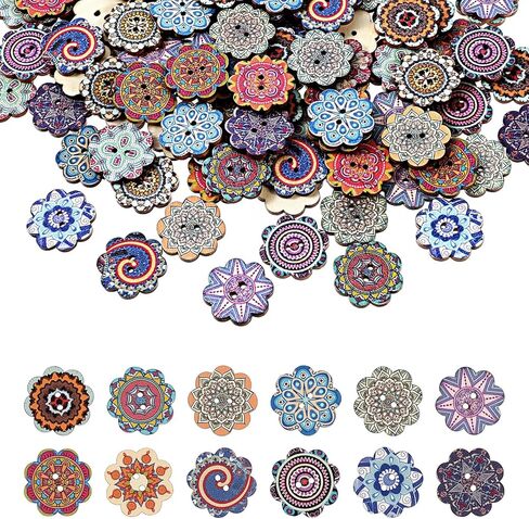 cobee 150 Pcs Mixed Pattern Vintage Flower Wooden Button, 20mm Round Wood Buttons Vintage Sewing Patterns, Colorful Button 2 Holes Decorative Buttons for DIY Sewing, Clothing Replacement in Saudi Arabia