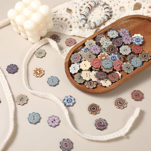 cobee 150 Pcs Mixed Pattern Vintage Flower Wooden Button, 20mm Round Wood Buttons Vintage Sewing Patterns, Colorful Button 2 Holes Decorative Buttons for DIY Sewing, Clothing Replacement in Saudi Arabia