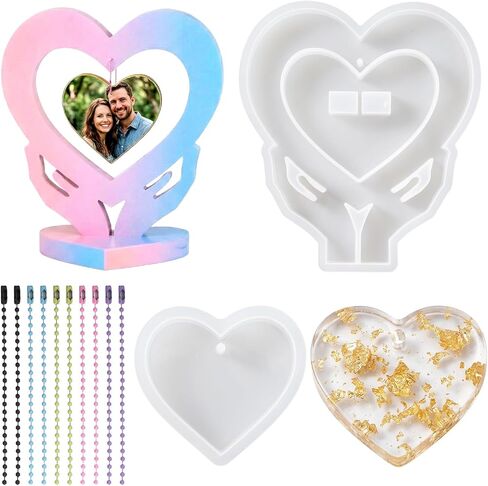2 Pcs Heart Photo Frame Silicone Mold Set with 10 Chains, Love Epoxy Resin Picture Frame Molds Picture Display Mold for DIY Crafts, Wedding Decor, Home Decoration, Valentine's Day Gifts Memory Keepsak in Saudi Arabia