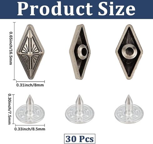 30Pcs Antique Silver Rivets Rhombus Diamond Shape Punk Rock Leather Tacks Decorative Vintage Studs Rivet for Making Clothing Accessories Garments Purse Boots Bgas Decor DIY Crafts in Saudi Arabia