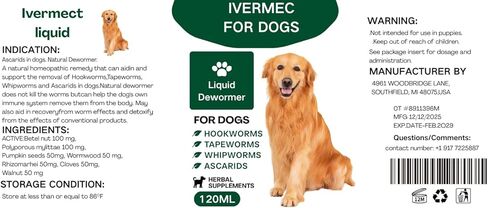 lvermect Dewormer Liquid for Dogs, Broad Spectrum for All Wormer, Hookworms, Lung Worms, Pin Worms, Round Worms in Kuwait