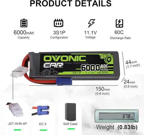 بطارية ليبو OVONIC 3S 6000 مللي أمبير في الساعة 11.1 فولت 60C مع موصل EC5 لطائرة هليكوبتر وطائرة كوادكوبتر وطائرة RC وقارب شاحنة سيارة (عبوتان) in Saudi Arabia