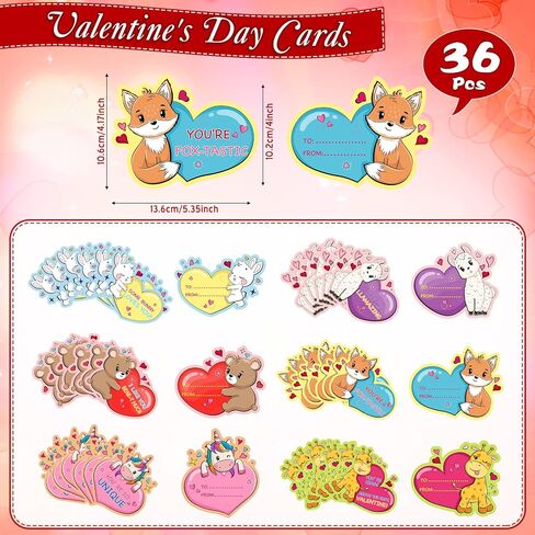 Tatuo 36 Pack Valentine's Day Cards Valentine Cute Animal Cards Unicorn Valentines Exchange Sticky Hands for Valentine Party Favors Gift Exchange Supplies(Cute Animals) in Saudi Arabia