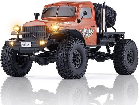 EAZYRC FMS Rochobby 1/10 Atlas Ready Set RC Crawler RC Truck 4X4 مع إضاءة، راديو 2.4 جيجا هرتز، محمل كروي، تروس معدنية كاملة، تعليق 4 وصلات، جسم سيارة منفصل سريع للبالغين (برتقالي) in Kuwait
