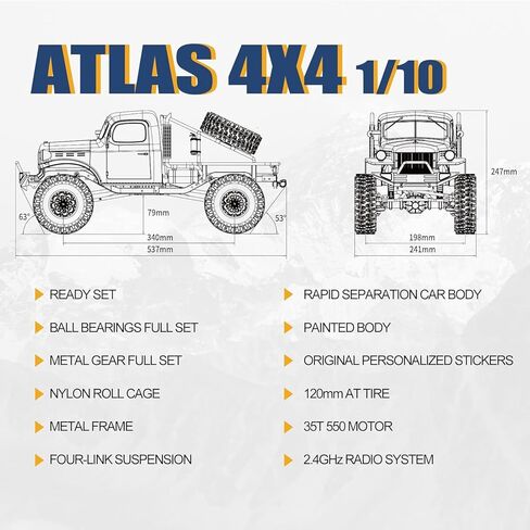 EAZYRC FMS Rochobby 1/10 Atlas Ready Set RC Crawler RC Truck 4X4 مع إضاءة، راديو 2.4 جيجا هرتز، محمل كروي، تروس معدنية كاملة، تعليق 4 وصلات، جسم سيارة منفصل سريع للبالغين (برتقالي) in Kuwait