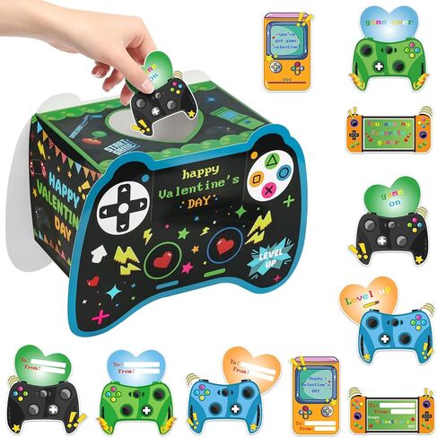 Valentines Day Cards and Video Game Mailbox for Kids Classroom Exchange, 1 Box, 50 Video Game Valentine Cards, 50 Envelopes and 60 Stickers for Valentines Gifts Party Favor in Saudi Arabia