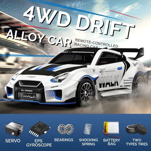 سيارة سباق 1:43 RC Drift 20KM/H مع جيروسكوب، 2.4G 4WD سيارة سباق رياضية من خليط معدني متناسب بالكامل، سرعة قابلة للتعديل، إضاءة LED للمراهقين والبالغين-D43-01 in Saudi Arabia