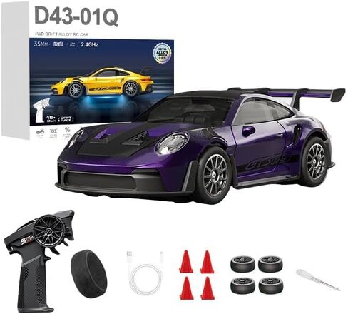 سيارة سباق 1:43 RC Drift 20KM/H مع جيروسكوب، 2.4G 4WD سيارة سباق رياضية من خليط معدني متناسب بالكامل، سرعة قابلة للتعديل، إضاءة LED للمراهقين والبالغين-D43-01 in Saudi Arabia