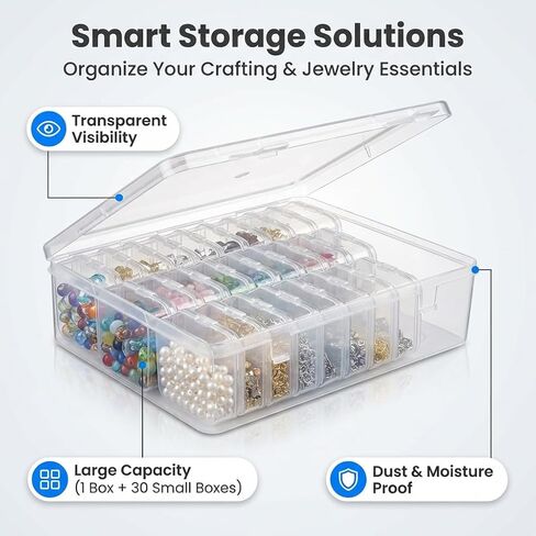 Bead Organizer Box, 30 Pcs Small boxes and 1 Big box,Mini Clear Dimond Plastic Storage Containers Boxes with Hinged Lid and Rectangle for Bracelet Making DIY Jewelry Craft Nail beads in Saudi Arabia