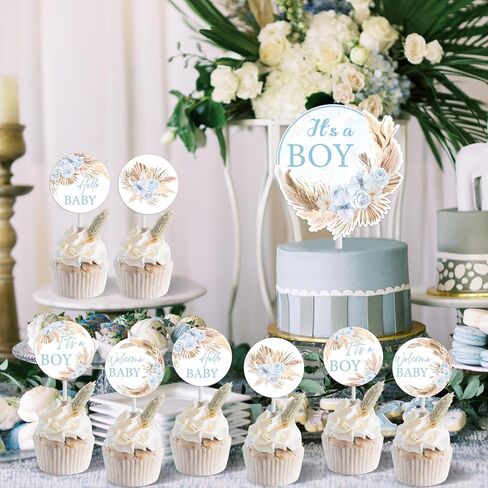 25pcs Blue Boho Baby Shower Cake Topper Cupcake Toppers Boho Pampas Grass Party Decorations for Boy Blue Floral Baby Shower Table Decorations for Gender Reveal Birthday Party in Saudi Arabia
