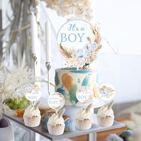 25pcs Blue Boho Baby Shower Cake Topper Cupcake Toppers Boho Pampas Grass Party Decorations for Boy Blue Floral Baby Shower Table Decorations for Gender Reveal Birthday Party in Saudi Arabia