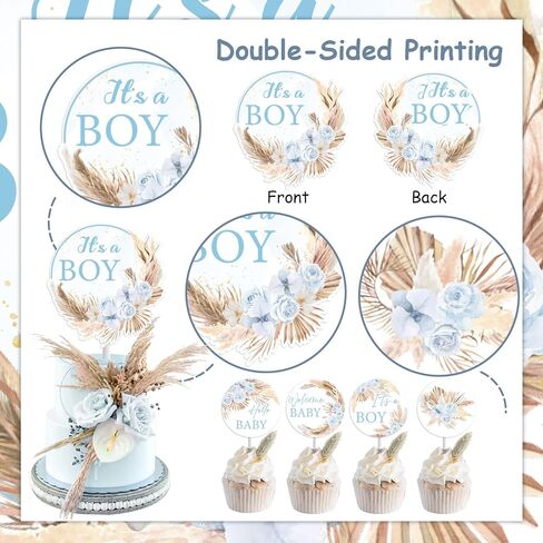 25pcs Blue Boho Baby Shower Cake Topper Cupcake Toppers Boho Pampas Grass Party Decorations for Boy Blue Floral Baby Shower Table Decorations for Gender Reveal Birthday Party in Saudi Arabia