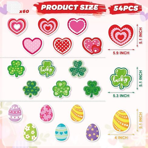 JarThenaAMCS 54Pcs St. Patrick' s Day Easter Valentine' s Day Cutouts Heart Shamrock Egg Paper Cut-Outs with Glue Points for Spring Holiday Classroom Bulletin Board Wall Door Decor in Saudi Arabia
