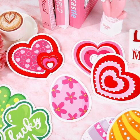 JarThenaAMCS 54Pcs St. Patrick' s Day Easter Valentine' s Day Cutouts Heart Shamrock Egg Paper Cut-Outs with Glue Points for Spring Holiday Classroom Bulletin Board Wall Door Decor in Saudi Arabia