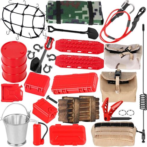 for 1/18 1/24 TRX4M K10 SCX24 FCX24 K5 AX24,Oil Drum/Tow Rope/Recovery Board/Wooden Box/Antennas/Fire ExtinguisherNet/Toolbox/Wood Box/Luggage Net/Simulation Decorative Package/Shovel,Red in Saudi Arabia