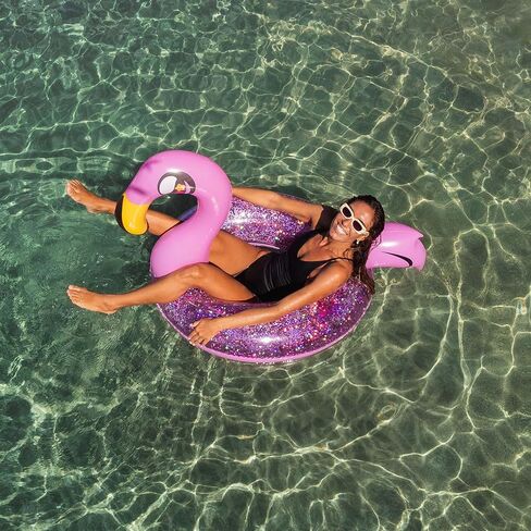 PoolCandy Glitter Flamingo Pool Tube – 40" Inflatable Swim Ring with Pink Holographic Glitter, Heavy-Duty PVC Beach & Pool Float, Supports 250 lbs in Saudi Arabia