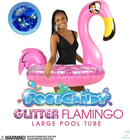 PoolCandy Glitter Flamingo Pool Tube – 40" Inflatable Swim Ring with Pink Holographic Glitter, Heavy-Duty PVC Beach & Pool Float, Supports 250 lbs in Saudi Arabia