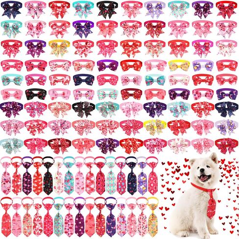 Talltalk 120 Pcs Valentine's Day Dog Bow Ties Collar Set 60 Pink Dog Grooming Bowtie 30 Neckties and 30 Collars for Pet Cat Holiday Accessories in Saudi Arabia