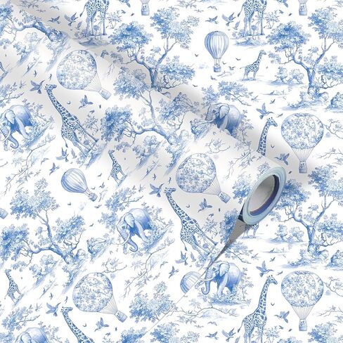 GvoyTiuue 1 Roll Africa Toile de Jouy Wrapping Paper Mini Roll - 17 In x 33 Ft - Chinoiserie Animals Patterns Gift Wrap Paper for Birthday Baby Shower Wedding Bridal Shower Gift Wrapping (Blue) in Kuwait