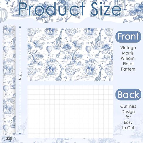 GvoyTiuue 1 Roll Africa Toile de Jouy Wrapping Paper Mini Roll - 17 In x 33 Ft - Chinoiserie Animals Patterns Gift Wrap Paper for Birthday Baby Shower Wedding Bridal Shower Gift Wrapping (Blue) in Kuwait