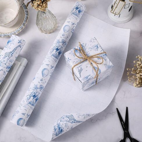 GvoyTiuue 1 Roll Africa Toile de Jouy Wrapping Paper Mini Roll - 17 In x 33 Ft - Chinoiserie Animals Patterns Gift Wrap Paper for Birthday Baby Shower Wedding Bridal Shower Gift Wrapping (Blue) in Kuwait