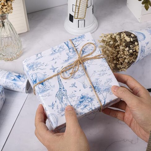 GvoyTiuue 1 Roll Africa Toile de Jouy Wrapping Paper Mini Roll - 17 In x 33 Ft - Chinoiserie Animals Patterns Gift Wrap Paper for Birthday Baby Shower Wedding Bridal Shower Gift Wrapping (Blue) in Kuwait