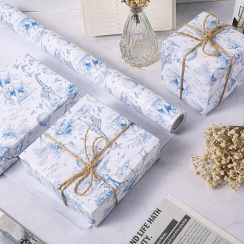 GvoyTiuue 1 Roll Africa Toile de Jouy Wrapping Paper Mini Roll - 17 In x 33 Ft - Chinoiserie Animals Patterns Gift Wrap Paper for Birthday Baby Shower Wedding Bridal Shower Gift Wrapping (Blue) in Kuwait