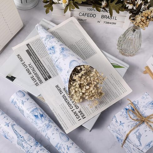 GvoyTiuue 1 Roll Africa Toile de Jouy Wrapping Paper Mini Roll - 17 In x 33 Ft - Chinoiserie Animals Patterns Gift Wrap Paper for Birthday Baby Shower Wedding Bridal Shower Gift Wrapping (Blue) in Kuwait