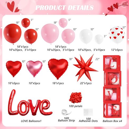 مجموعة بالونات عيد الحب، مجموعة قوس جارلاند، بالونات قلب أحمر وردي أبيض مع صناديق الحب XOXO لتزيين حفلات عيد الحب والذكرى السنوية للخطوبة والزفاف in Kuwait