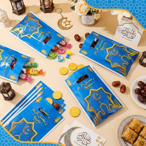 Supervitae 100 Pieces Ramadan Kareem Plastic Gift Bags Bulk Eid Mubarak Treat Candy Goodie Bags with Churches Star and Moon for Muslim Eid Party Favors Supplies in Saudi Arabia