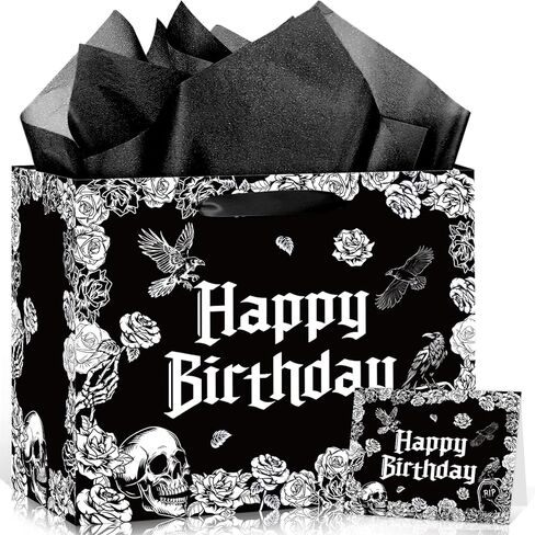 Yomaiha Gothic Birthday Gift Bag with Tissue Paper Card Gothic Wrapping Paper Black Goth Skeleton Skull Gift Bag Funny Goth Party Favors Spooky Birthday Party Decorations Supplies for Women Men in Saudi Arabia