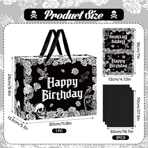 Yomaiha Gothic Birthday Gift Bag with Tissue Paper Card Gothic Wrapping Paper Black Goth Skeleton Skull Gift Bag Funny Goth Party Favors Spooky Birthday Party Decorations Supplies for Women Men in Saudi Arabia