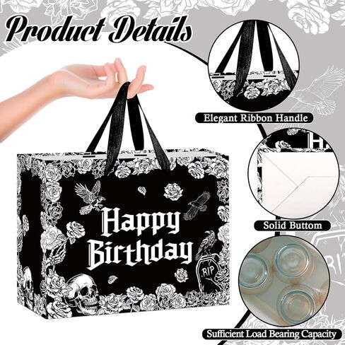 Yomaiha Gothic Birthday Gift Bag with Tissue Paper Card Gothic Wrapping Paper Black Goth Skeleton Skull Gift Bag Funny Goth Party Favors Spooky Birthday Party Decorations Supplies for Women Men in Saudi Arabia