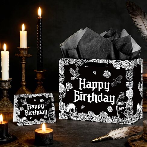 Yomaiha Gothic Birthday Gift Bag with Tissue Paper Card Gothic Wrapping Paper Black Goth Skeleton Skull Gift Bag Funny Goth Party Favors Spooky Birthday Party Decorations Supplies for Women Men in Saudi Arabia