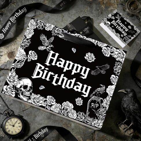 Yomaiha Gothic Birthday Gift Bag with Tissue Paper Card Gothic Wrapping Paper Black Goth Skeleton Skull Gift Bag Funny Goth Party Favors Spooky Birthday Party Decorations Supplies for Women Men in Saudi Arabia