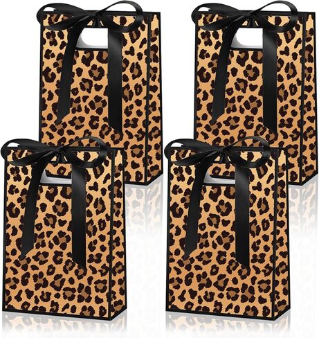 AnyDesign 16Pcs Leopard Print Party Favor Bags with Handles Brown Safari Animal Paper Treat Bags with Ribbon Bows Candy Goodie Bag for Birthday Wedding Party Favors Supplies in Saudi Arabia