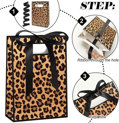AnyDesign 16Pcs Leopard Print Party Favor Bags with Handles Brown Safari Animal Paper Treat Bags with Ribbon Bows Candy Goodie Bag for Birthday Wedding Party Favors Supplies in Saudi Arabia