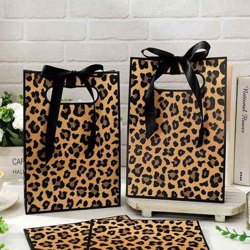 AnyDesign 16Pcs Leopard Print Party Favor Bags with Handles Brown Safari Animal Paper Treat Bags with Ribbon Bows Candy Goodie Bag for Birthday Wedding Party Favors Supplies in Saudi Arabia