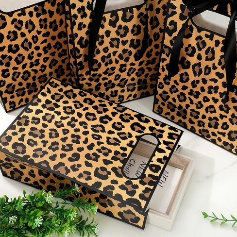 AnyDesign 16Pcs Leopard Print Party Favor Bags with Handles Brown Safari Animal Paper Treat Bags with Ribbon Bows Candy Goodie Bag for Birthday Wedding Party Favors Supplies in Saudi Arabia