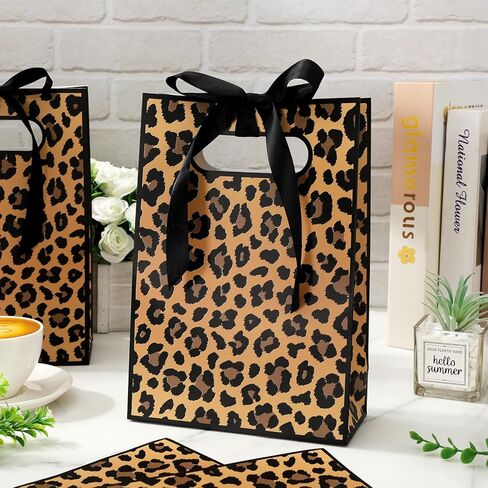AnyDesign 16Pcs Leopard Print Party Favor Bags with Handles Brown Safari Animal Paper Treat Bags with Ribbon Bows Candy Goodie Bag for Birthday Wedding Party Favors Supplies in Saudi Arabia