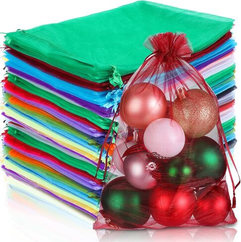 Funtery 200 Pcs Christmas Large Organza Bags 7 x 9 Inch White Organza Party Favor Packing Mesh Drawstring Gift Bags Jewelry Pouch Gift Wrapping for Valentines Wedding Shower Party Goodie in Saudi Arabia