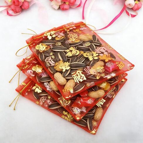 KYMY Chinese & Vietnamese New Year Organza Gift Bags – 50PCS 2026 Lunar New Year Red Sheer Drawstring Bags with Lucky Fu Print for Asian Spring Festival Party Favors Candy Jewelry in Saudi Arabia
