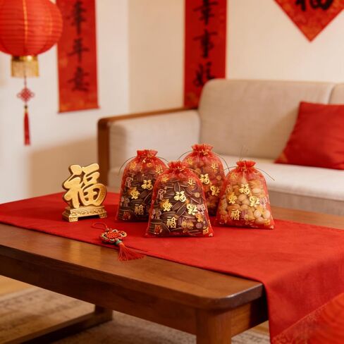 KYMY Chinese & Vietnamese New Year Organza Gift Bags – 50PCS 2026 Lunar New Year Red Sheer Drawstring Bags with Lucky Fu Print for Asian Spring Festival Party Favors Candy Jewelry in Saudi Arabia